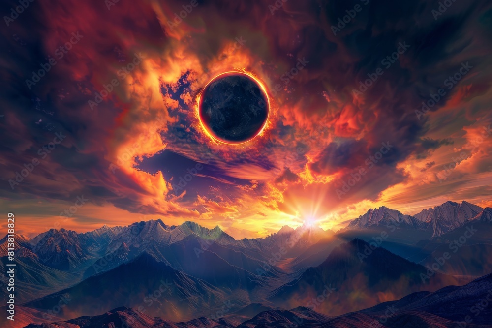 Vivid colors in a dramatic solar eclipse over a calm mountain scene. A ...