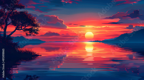  Lakeside Sunset Reflections  A Tapestry of Color in Peaceful Waters   Flat Design Backdrop Concept    Flat Illustration in Adobe Stock 