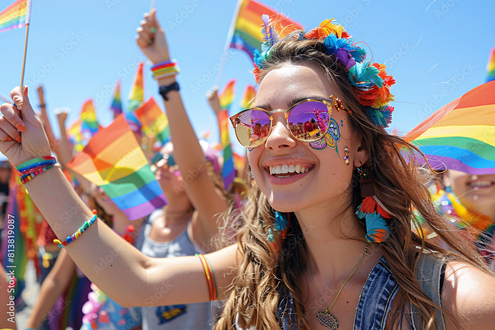 A vibrant parade scene during PRIDE Day celebrations, with people waving rainbow flags and wearing colorful costumes, capturing the spirit of love and acceptance. A vibrant parade scene during PRIDE Day celebrations, with people waving rainbow flags and wearing colorful costumes, capturing the spirit of love and acceptance.