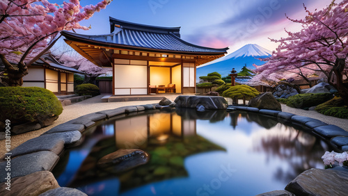 Japanese vintage house 3D cartoon design illustration. Japan miniature asian home building with pond  river  pink cherry blossom and fuji mountain concept. 3D animation background