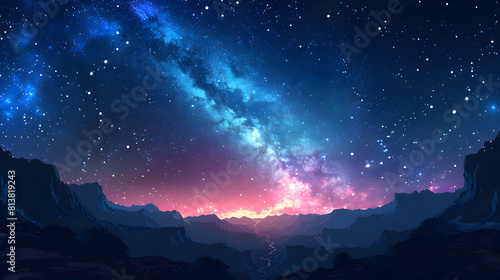 Stunning Milky Way Arch Over Canyon: Celestial Night Sky Display in Flat Design Illustration