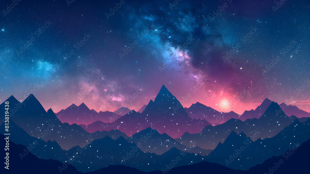 Starry Milky Way Over Majestic Mountain Peaks   Celestial Night Sky Flat Design Illustration