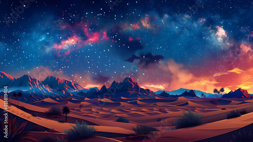 Mesmerizing Flat Design Backdrop  Milky Way Over Desert Oasis   Capturing the Celestial Glow above Tranquil Desert Landscape in Vivid Illustration