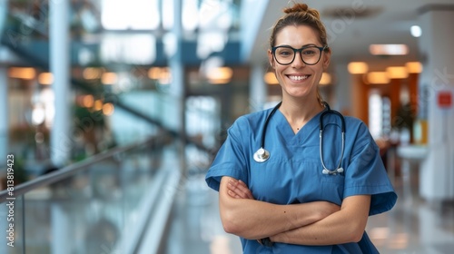 Free Download A smiling doctor or nurse standing in a modern hospital setting, arms crossed confidently. - GFXLoad