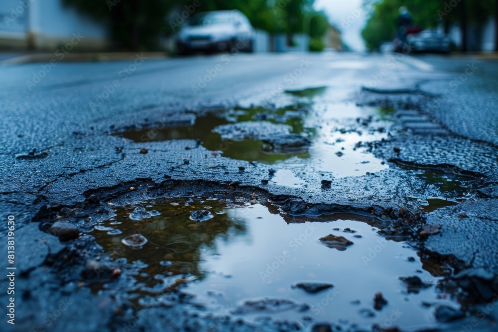 After a storm: cracks and puddles on road surface After a storm: cracks and puddles on road surface