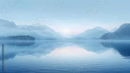 Misty Lake at Dawn: A Serene Flat Design Backdrop Capturing the Stillness of Morning Mist Over a Calm Setting Ideal for Relaxing Concepts.