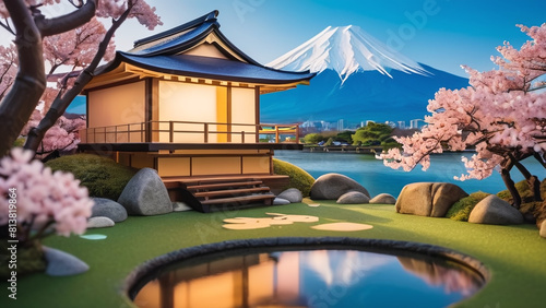 Japanese vintage house 3D cartoon design illustration. Japan miniature asian home building with pond, river, pink cherry blossom and fuji mountain concept. 3D animation background