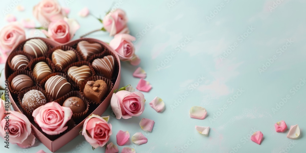 A heart-shaped box of chocolates is surrounded by pink roses A heart-shaped box of chocolates is surrounded by pink roses