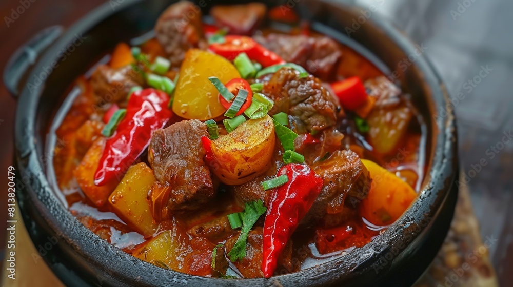 Dishes of American cuisine. Spicy pork stew with a wig, chili peppers and potatoes. Dishes of American cuisine. Spicy pork stew with a wig, chili peppers and potatoes.