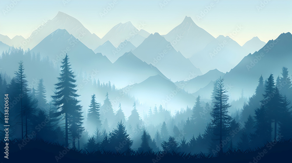 Misty Mountain Pass: A Journey into Adventure and Mystery   Flat Design Backdrop Illustrating the Enigmatic Paths of Nature s Beauty and Thrills
