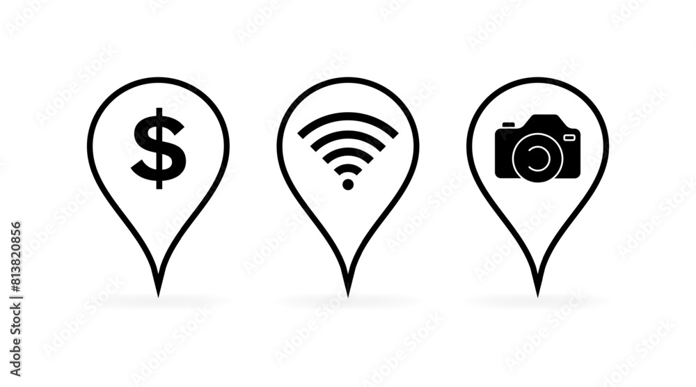 Location points with money, wifi and camera icons. Linear style. Vector icons Location points with money, wifi and camera icons. Linear style. Vector icons