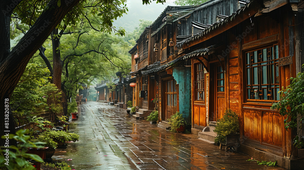The Streets of Jiangnan Ancient Town Are Lined With Trees During Rain on Blurry Background The Streets of Jiangnan Ancient Town Are Lined With Trees During Rain on Blurry Background