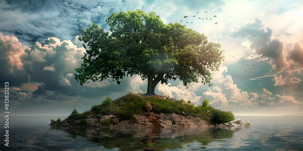 tree sitting on top of a small island in the middle of a body of water with clouds in the background small island with a tree 