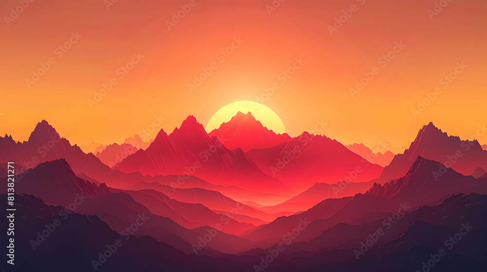 Mountain Sunset Vista: A fiery sunset sets the mountain range aglow, highlighting dramatic peaks and valleys in golden light. Flat illustration backdrop in a captivating flat desig