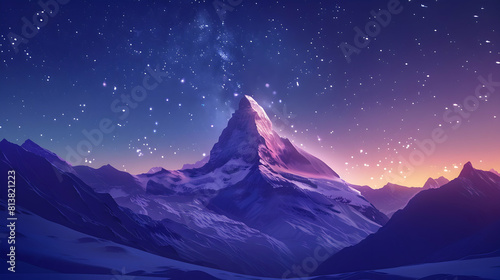Flat Design Backdrop Mountain Summit at Night Concept: A Lone Summit Under a Vast Starry Sky Offers an Awe Inspiring View Ideal for Contemplation and Cosmic Wonder Flat Illustrat