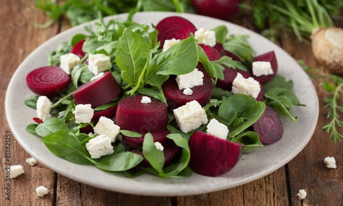 A vibrant beetroot salad served in a shallow ceramic bowl, garnished with crumbled white feta cheese and fresh green leaves, placed on a rustic wooden table.