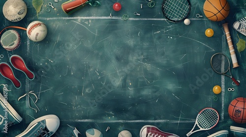 A chalkboard background with sports equipment and items scattered around it, such as balls, shoes, rackets, sticks
 photo
