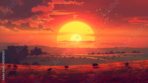 Pastoral Sunset: Tranquil End to the Day   The sun sets over a pastoral landscape, illuminating farm fields and livestock in a serene flat design backdrop. photo