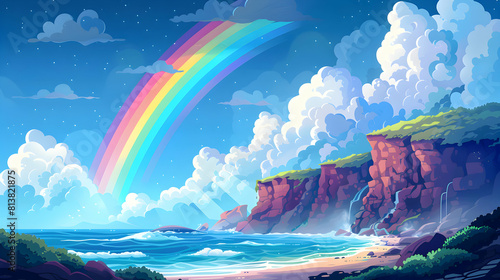 Flat Design Backdrop: Rainbow Over Coastal Cliffs Concept Coastal cliffs as a dramatic backdrop for a rainbow, adding a majestic layer to the rugged coastline. Flat illustration.
