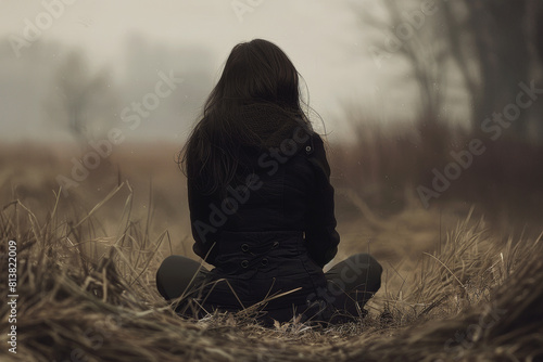 A woman with long hair sitting on the ground in an open field. She wears dark colour clothes. Sad, Anxious, Lonely mood