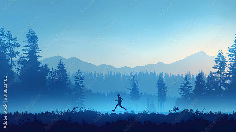 Flat Design Backdrop: Runner in the Morning Mist   A Runner s Silhouette Against the Misty Backdrop Offers a Glimpse into Morning Fitness Routines in Nature