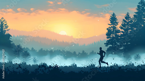 Runner in the Morning Mist: A runner s silhouette in nature   Flat design backdrop concept showcasing morning fitness routines in misty scenery photo