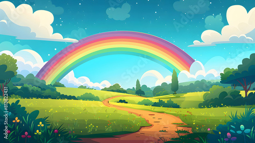 Flat Design Backdrop: Rural Road Rainbow A Vibrant Path of Colors in a Peaceful Countryside Setting