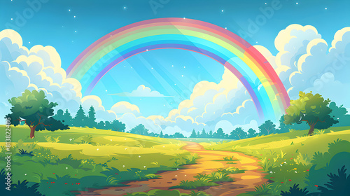 Serene Rural Road with Vibrant Rainbow Flat Design Illustration of Colorful Path in Countryside Landscape