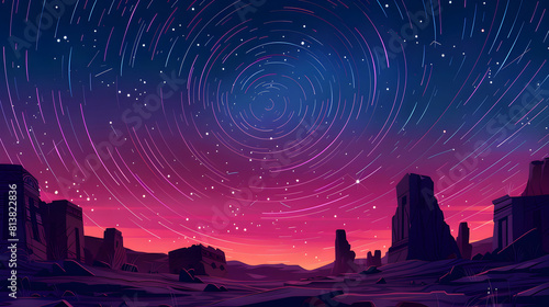 Enigmatic Star Trails Over Ancient Ruins Connecting Civilizations to Cosmos  Flat Design Backdrop
