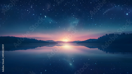 Starlit Lake Serenity: Tranquil Backdrop with Double Cosmos View � Flat design Illustration