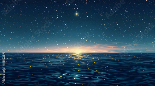 Starlit Ocean Horizon: Stars Glittering in a Seamless Tapestry of Natural Beauty   Flat Design Backdrop Concept with Merging Sea and Sky   Flat Illustration © Gohgah