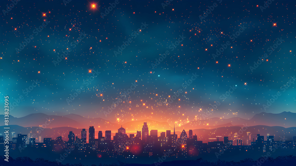 Spectacular Cityscape Sparkling Under Starry Night Sky: Urban Lights vs. Celestial Stars Flat Design Backdrop Concept Spectacular Cityscape Sparkling Under Starry Night Sky: Urban Lights vs. Celestial Stars Flat Design Backdrop Concept