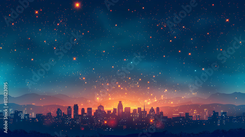 Spectacular Cityscape Sparkling Under Starry Night Sky  Urban Lights vs. Celestial Stars   Flat Design Backdrop Concept