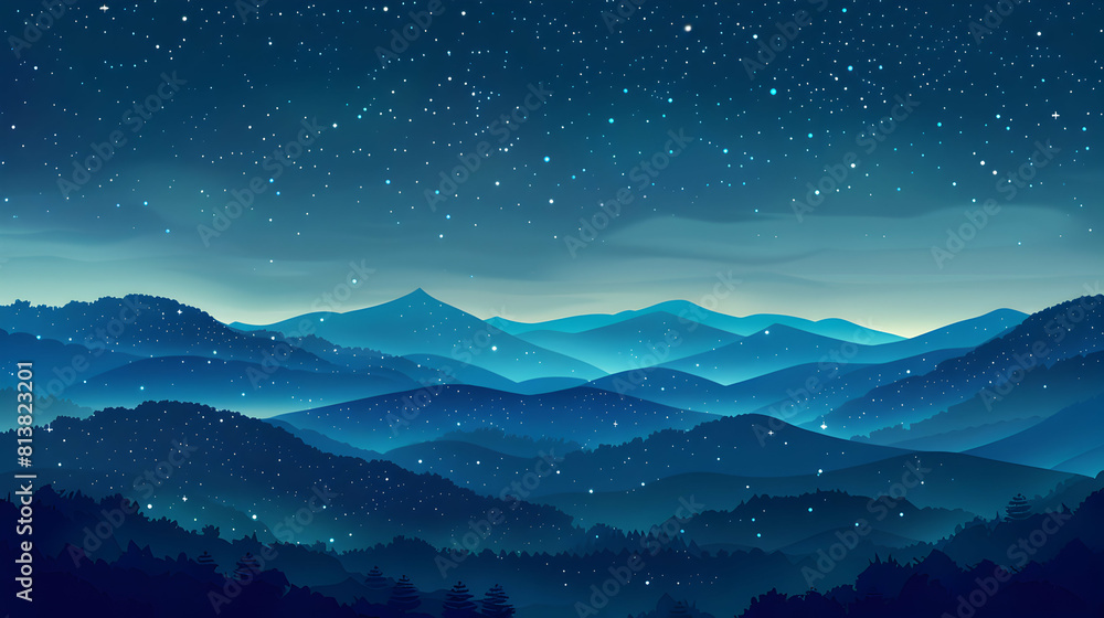 Tranquil Starry Night Sky Over Rolling Hills: Peaceful Flat Design Backdrop with Gentle Hills and Starlit Sky   Ideal for Serene Nightscapes and Stargazing Concepts