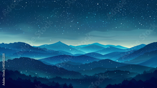 Tranquil Starry Night Sky Over Rolling Hills: Peaceful Flat Design Backdrop with Gentle Hills and Starlit Sky Ideal for Serene Nightscapes and Stargazing Concepts