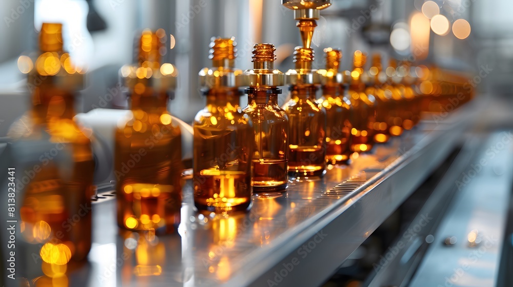 The perfume production line, with rows of amber bottles filled with golden liquid being placed on a stainless steel surface in an industrial setting.
The perfume production line, with rows of amber bottles filled with golden liquid being placed on a stainless steel surface in an industrial setting.
