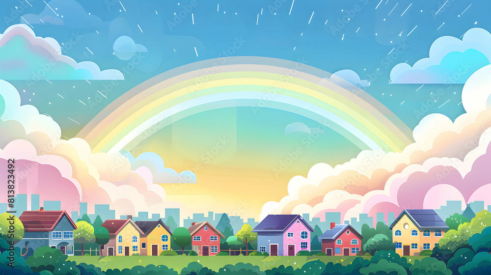 Colorful Respite: Rainbow Over Suburban Rooftops in Flat Design Backdrop   Illustration Concept of a Serene Afternoon Scene