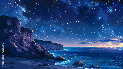 Twinkling Stars Above Coastal Cliffs: A Stunning Flat Design Backdrop Capturing the Contrast Between Land and Cosmos