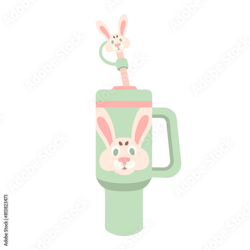 Tumbler for water and hot drinks. Custom bottle with lemon-shaped rubber lid. Reusable thermos mug tumbler bottle, travel coffee cup and thermos. Color cup for shops, brand. Vector flat illustration.