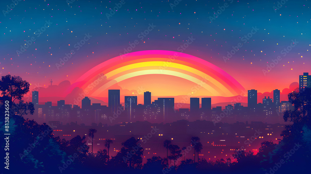 Suburban Sunset Rainbow: A Stunning Flat Design Backdrop of a Suburban Skyline Lit by a Vibrant Sunset Rainbow, Offering Residents a Breathtaking View at Day s End   Flat Illustrat