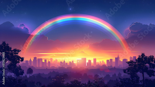Suburban Sunset Rainbow: A Stunning Flat Design Backdrop Capturing the Beauty of a Suburban Skyline Lit by a Colorful Sunset Rainbow