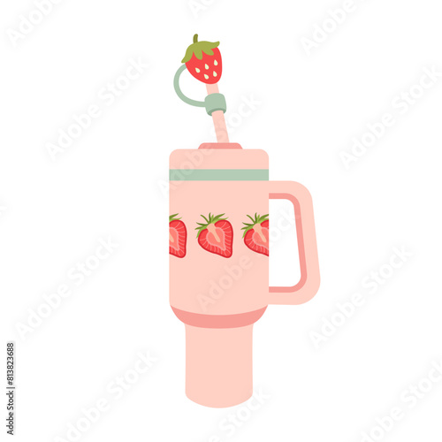 Tumbler for water and hot drinks. Custom bottle with strawberry-shaped rubber lid. Reusable thermos mug tumbler bottle, travel coffee cup and thermos. Color cup for shops. Vector flat illustration.