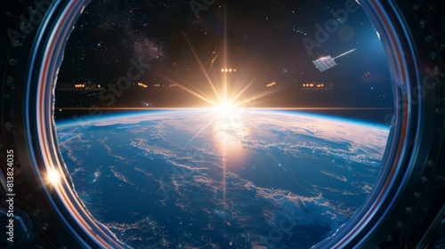 An eye-popping view of the world from the International Space Station. The rising sun illuminates our blue planet and satellites flying past. Scientifically accurate rendering of 3D VFX. photo
