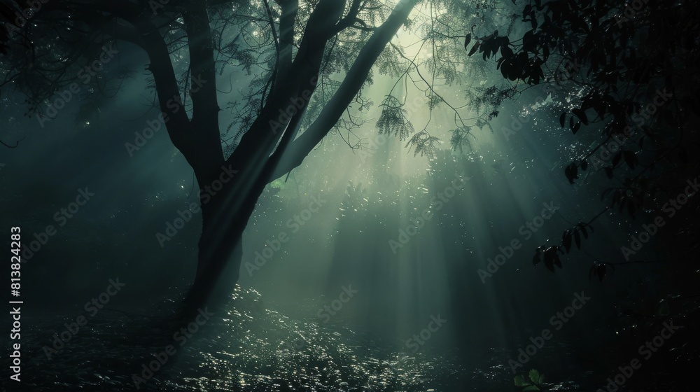 A tree is in the foreground of a forest A tree is in the foreground of a forest