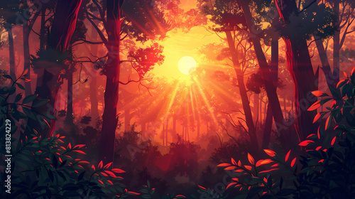 Golden Hour Glow: Rustic Sunset Through the Forest Flat Design Backdrop Illustration of Sun s Rays Filtering Through Dense Woods, Casting Long Shadows and Painting Foliage in War