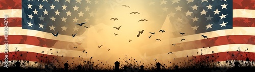 Memorial day background with american flag and red poppy flowers and ribbons