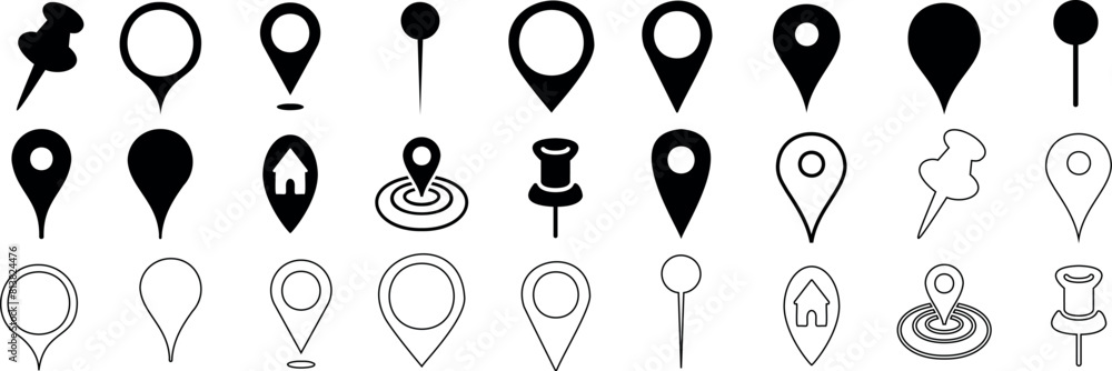 Naklejka premium location marker, diverse map pin vector icons set. Ideal for mapping, navigation apps, websites. standard pins, circular markers, house shape, pushpin