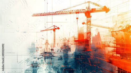 Fototapeta Naklejka Na Ścianę i Meble -  A digital art piece showcasing the concept of construction site technology, with blurry silhouettes of cranes and building structures in the background
