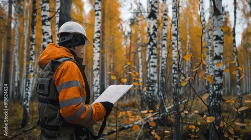 Forest engineer in safety uniform works in young birch forest with tablet computer.