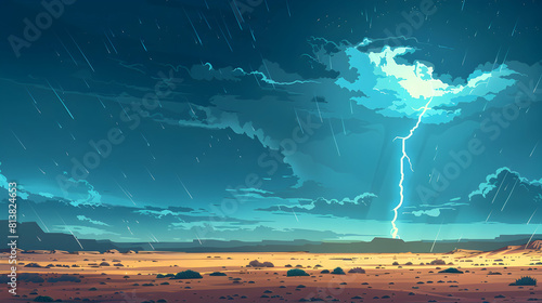 Thunderstorm Over Desert: A dramatic transformation of the barren land with lightning illuminating the flat design backdrop. photo